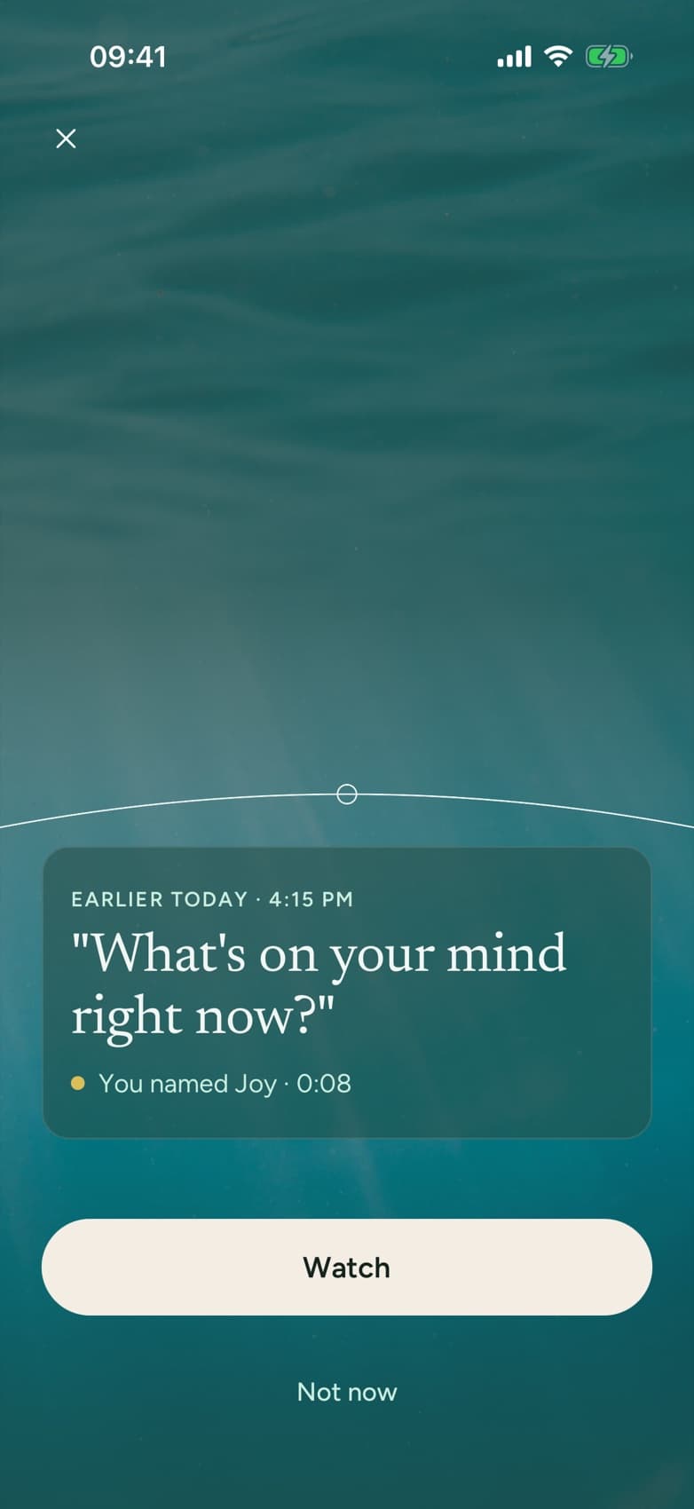 INNATE handing back an earlier entry: "What’s on your mind right now?", you named Joy, eight seconds, with a Watch button.