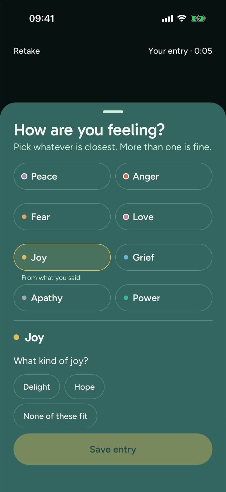 The INNATE app asking "How are you feeling?" after a recording, with the eight emotions to choose from. Joy is picked, from what you said, and the app asks what kind of joy.